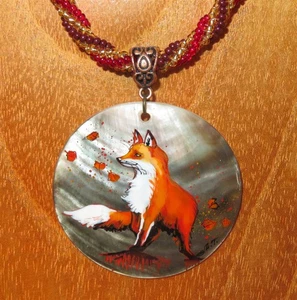 GINGER FOX in the wind pendant hand painted SHELL signed TITOVA beaded necklace - Picture 1 of 13