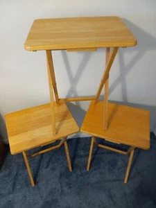 Snack Tables, Tray tables, 3 Blonde Wooden, 25" Tall, Tops 14"X19", Collapsible - Picture 1 of 5