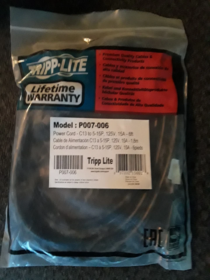 Tripp Lite  Power Cord Model : P007-006 C13 to 5-15P 125V 15A-6ft New - Image 1 of 1