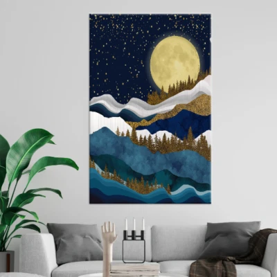 Full Moon Landscape, Full Moon Canvas, Mountain Landscape, Starry Sky Wall Art,  - Image 1 of 4