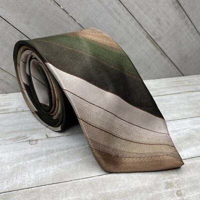 复古 Marquis 条纹棕色棕褐色绿色男式领带聚酯纤维 — 第 1/3 张图片