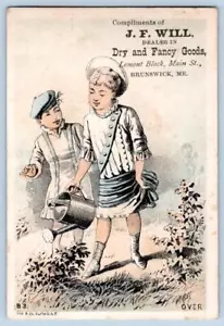 DE 1880 BRUNSWICK MAINE JF WILL PRODUCTOS SECOS GIES LITOGRAFÍA REGADERA JARDÍN NIÑAS - Imagen 1 de 2