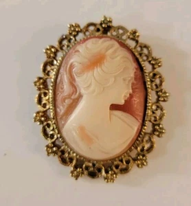 Vintage handgeschnitzte Kamee Brosche goldfarben creme Koralle - Bild 1 von 6