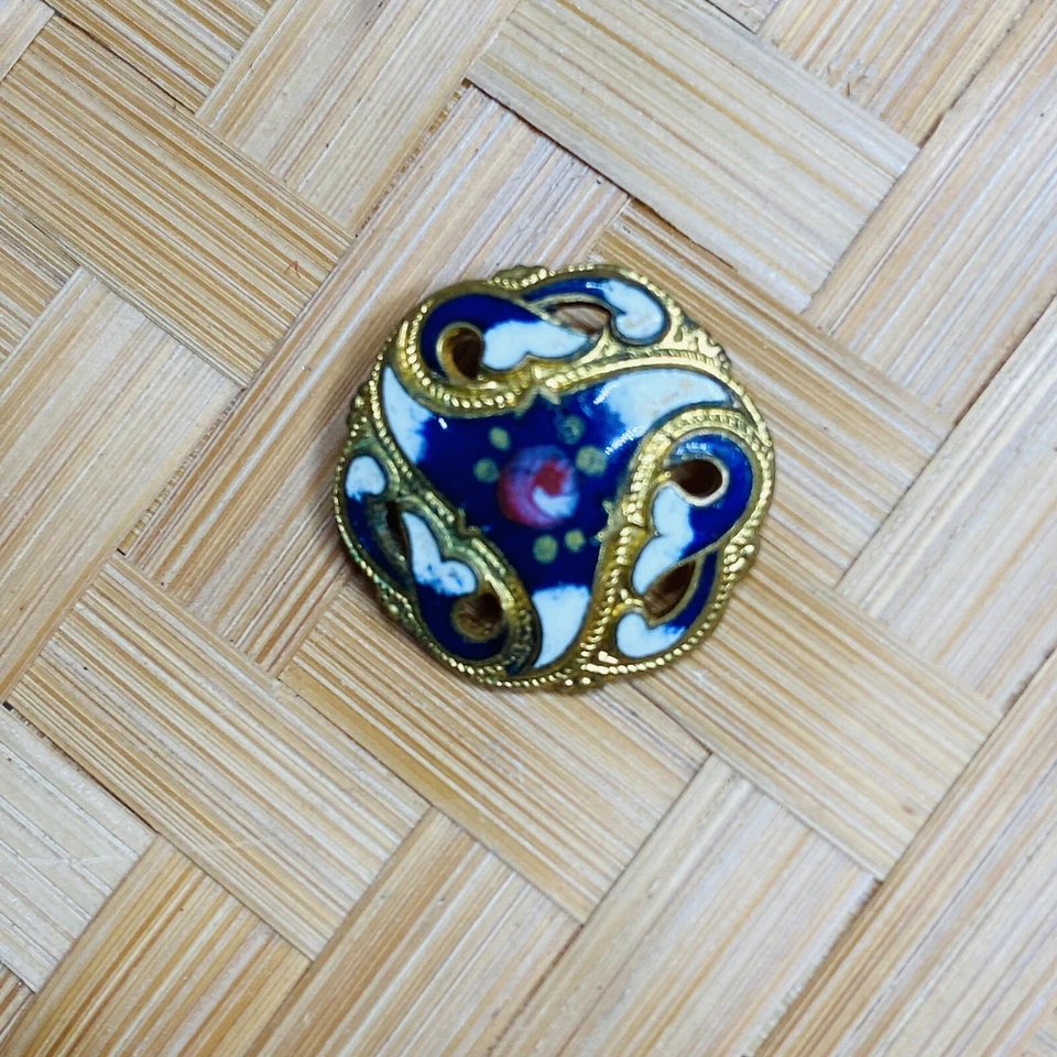 Small Victorian Enamel Button Rose Flower Scrolled Design Edge Gold Blue - Image 1 of 4