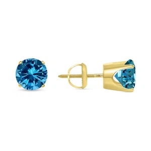 4 Ct Round Cut Blue Earrings Crown Set Studs Solid 14K Yellow Gold Screw Back - Picture 1 of 3