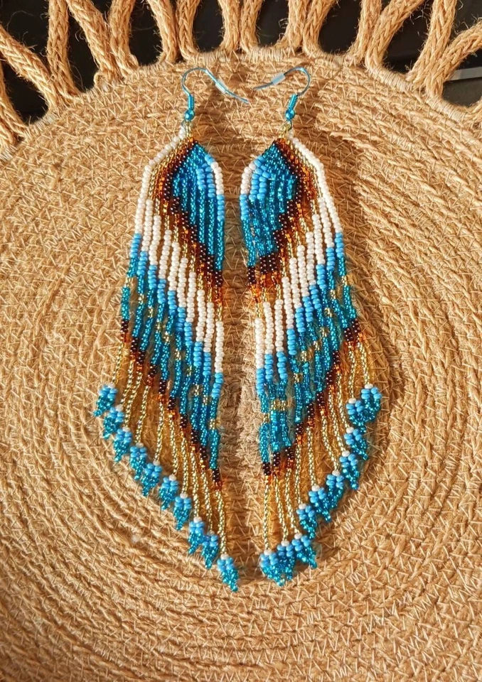 Hand Beaded Seed Bead Blue Earrings Multicolor Chandelier Tassel Dangle Earrings - Image 1 of 1