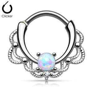 Opal Gem HINGED Segment Nose Ring Surgical Steel Septum Clicker Daith Hoop- ONE - Picture 1 of 37