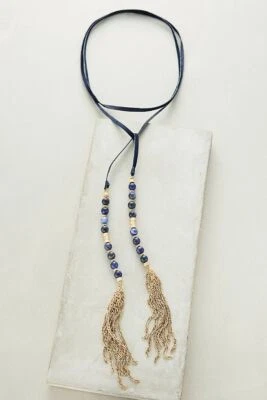 New Anthropologie Beaded Suede Necklace Navy real Suede Tassles NWT  - Image 1 of 2