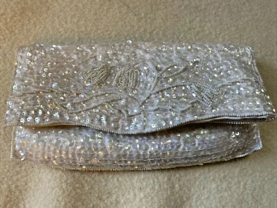  LA REGALE White Bridal Beaded Iridescent Sequin Satin Evening Purse Clutch NEW! - Image 1 of 4