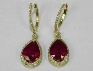 4 Ct Pear Cut Lab Created Red Ruby Dangle Halo Earrings 14k Yellow Gold Finish - Picture 1 of 7