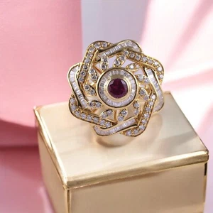 Squisito 5,16 carati Rotondo Baguette Forma Diamanti Rubino Festa Anello 14K Oro - Foto 1 di 6