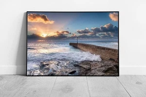 Porthleven Seascape: Golden Sun Rays Over Stone Pier - Framed Wall Art Print - Picture 1 of 10