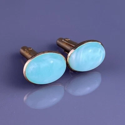 Light Blue Swirl Lucite Cufflinks Gold Tone Acrylic Oval Simple Hickok Vintage - Image 1 of 4