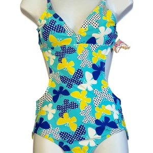 OP Vibrant Blue and Yellow One Piece Swimsuit with Retro Geometric Design - Picture 1 of 6