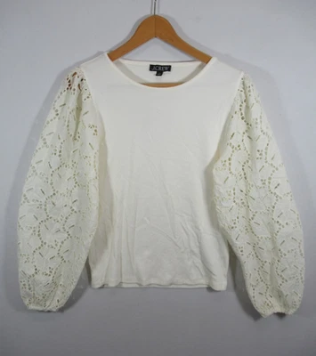 NEW J Crew Ribbed Top Women Medium Ivory Cotton Poplin Embroidered Eyelet Sleeve - Image 1 of 4