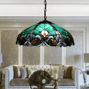 Tiffany Style Hanging Ceiling Lamp Fixture Blue Green Stained Glass Shade 18" - Picture 1 of 7
