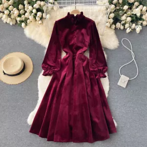 Womens Elegant Ruffles Collar Long Sleeves Slim Fit Velvet Dress Party Ball Gown - Picture 1 of 23