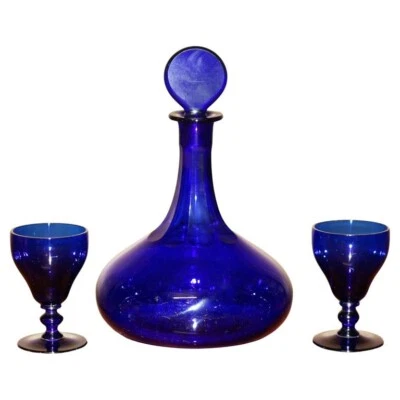 ANTIQUE COLLECTABLE BRISTOL COBALT BLUE SHERRY GLASS DECANTER AND GLASSES - Image 1 of 4