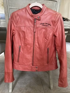 VINTAGE 2008 HARLEY DAVIDSON WOMEN'S LEATHER MOTO JACKET RED/PINK Size XS - Picture 1 of 15
