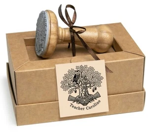 Book Library Stamp Personalized Owl Wise Bird Oak Tree, Elegant Gift Special Box - Picture 1 of 8