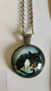 Cat And Owl Pendant Necklace Glass Cabochon - Picture 1 of 4