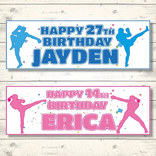 2 PANCARTAS DE CUMPLEAÑOS DE KICK BOXING PERSONALIZADAS - KICK BOXER - CUALQUIER NOMBRE - CUALQUIER EDAD Foto 1 de 1