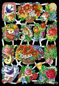 German Embossed Vintage Style Scrap Die Cut - Blue Birds, Flowers WOW EF7001 - Picture 1 of 1