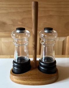 Pampered Chef Salt & Pepper Clear & Black Set 2 Bamboo Wood Caddy spice grinder - Picture 1 of 8