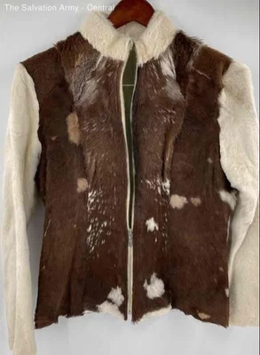 Pelle Studio Womens Brown White Fur Long Sleeve Full-Zip Jacket Size Large - Image 1 of 4