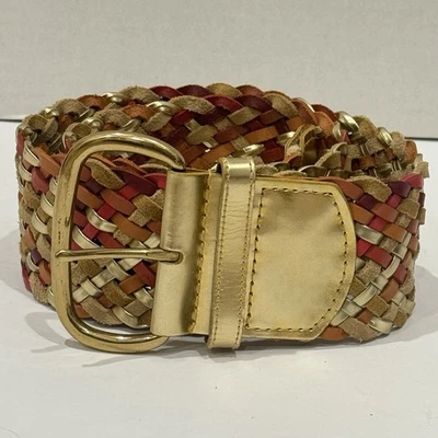 Woven Multicolored Red Gold Leather Waist Belt Gold Buckle Western Boho Size S/M - Image 1 of 4