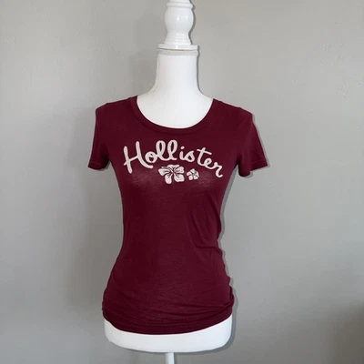 Vintage Y2K Hollister Woman’s Tshirt Top Hibiscus Flower Sz S Maroon White READ - Image 1 of 4