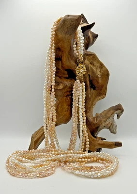 粉彩淡水珍珠多股长项链带花扣 — 第 1/4 张图片