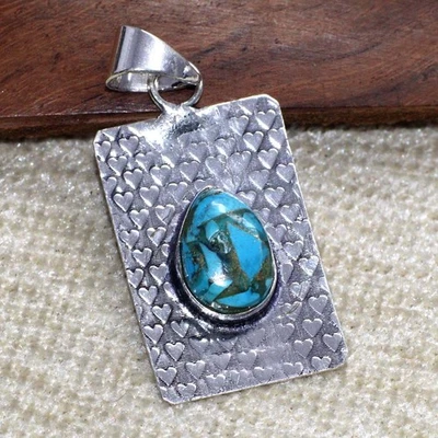 Colgante Turquesa Cobre Chapado en Plata 925 Hecho a Mano Joyería Tamaño 1.8" GW Foto 1 de 3