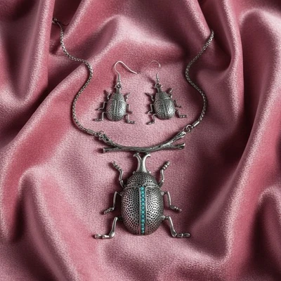 Conjunto de pendientes de escarabajo collar escarabajo Chico’s insecto declaración oro circonita cúbica boho Foto 1 de 4