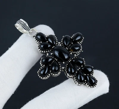 Onice Nera Gemma Crocifisso 925 Pendente Argento Sterling per Matrimonio Regali - Immagine 1 di 4