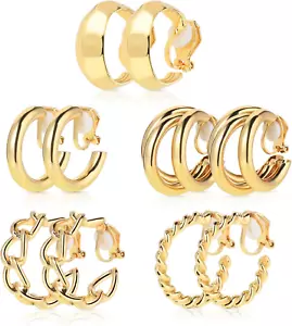 5 Paare Gold Ohrclips für Damen, Gold Chunky Creolen Set Clip Ohrringe Ohne Ohrl - Bild 1 von 7
