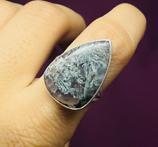 Big Pear Cut Moss Agate Cocktail Ring in 925 Sterling Silver Bohemian Jewelry