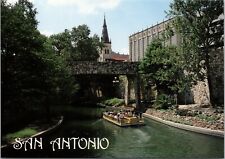 SAN ANTONIO, TEXAS ~ River Taxi Passing Under Stone Bridge - Postcard