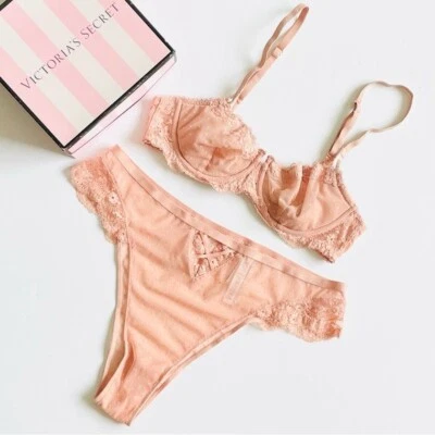 34C LARGE Victoria’s Secret beige lace dot bra set brazilian panties - Image 1 of 4