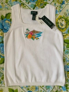 NWT Ralph Lauren LRL Sleeveless Knit Top M White w/ Hawaiian Scene Cotton/Nylon - Picture 1 of 8