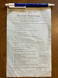 Ca. 1930s R.M.S. Queen Mary Trivia Test Sheet, Vintage, Original, Old - Picture 1 of 2