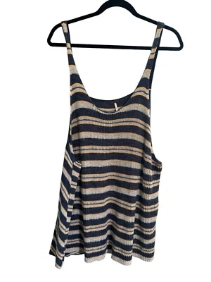 Free People Large Striped Oversized Linen Blend Sweater Tank Blue Yellow #3393 - Image 1 of 4