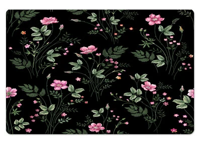 Sage Green Leaf Pink Floral on Black Bath Mat Kitchen Floor Rugs 24x16 Inch - Image 1 of 3