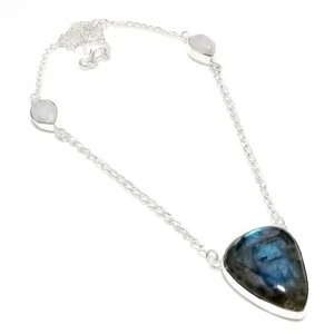 Natural Labradorite Gemstone Handmade 925 Sterling silver Necklace Size 18" - Picture 1 of 1