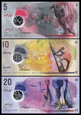 Maldives 3 Pcs SET, 5 10 20 Rufiyaa 2017 2018 2015 UNC, P-A26 P-26 P-27, Polymer - Image 1 of 4