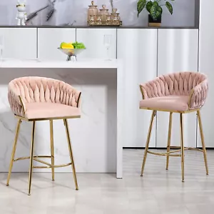 2Set Counter Height Bar Stools Pink Velvet Upholstered Barstools Gold Metal Legs - Picture 1 of 9
