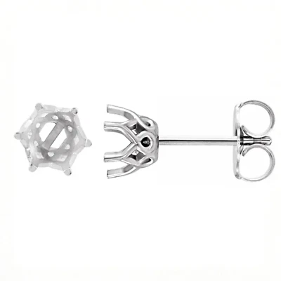 14K White Gold Earring Settings Round Cut Scroll Crown Set Friction Back -1 Pair - Image 1 of 2