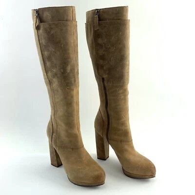 Vera Wang Botas Altas Marrón Cuero Envejecido Gruesas 5” Tacones Altos Talla 10 Foto 1 de 4