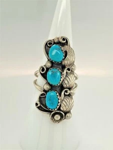Anillo Turquesa Vintage Artesano Navajo 3 Piedras Plata Esterlina Talla 6.75 Firmado BT - Imagen 1 de 6