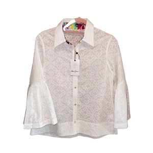 NUEVO CON ETIQUETAS Robert Graham W Camisa Pequeña Blanca Algodón Ojales Blusa Top Manga Larga Botón - Imagen 1 de 7